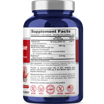 NusaPure Red Marine Algae 20:1 Extract, 250 mg Equivalent to 5,000 mg 200 Veggie Capsules (Non-GMO & Soy Free) Bioperine - Maple Wellness Supplements