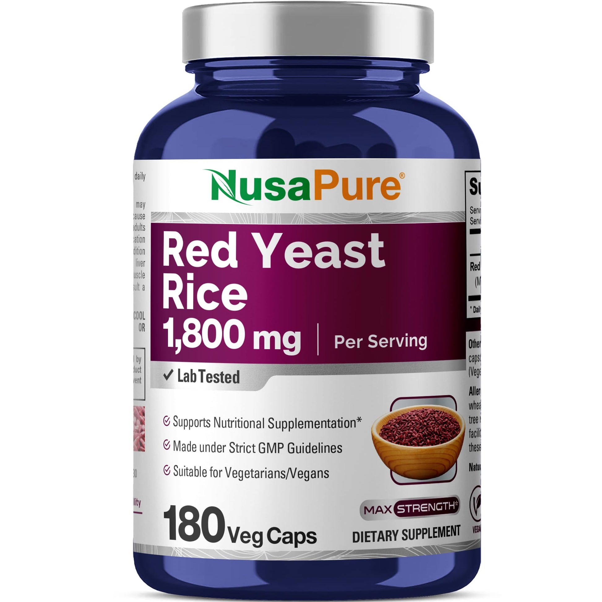 NusaPure Red Yeast Rice 1800mg 180 Veggie Capsules (Non-GMO, Vegan) - Maple Wellness Supplements