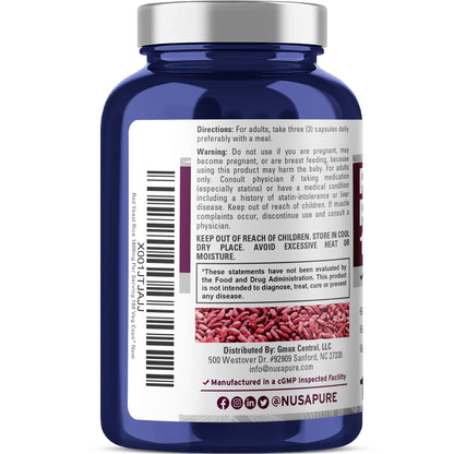 NusaPure Red Yeast Rice 1800mg 180 Veggie Capsules (Non-GMO, Vegan) - Maple Wellness Supplements