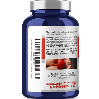 NusaPure Reduced Glutathione 500mg 180 Veggie Capsules (Vegan,Non-GMO) L-Glutathione - Maple Wellness Supplements