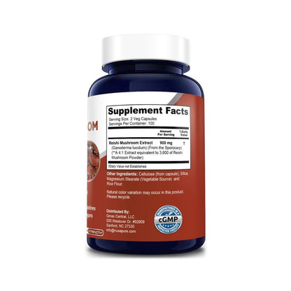 NusaPure Reishi Mushroom 4:1 Extract, 900 mg Equivalent to 3,600mg per Capsule 200 Veggie Caps Vegan, Non-GMO, Gluten-Free - Maple Wellness Supplements
