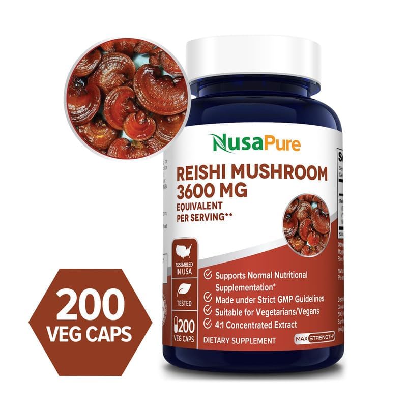 NusaPure Reishi Mushroom 4:1 Extract, 900 mg Equivalent to 3,600mg per Capsule 200 Veggie Caps Vegan, Non-GMO, Gluten-Free - Maple Wellness Supplements