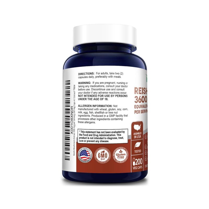 NusaPure Reishi Mushroom 4:1 Extract, 900 mg Equivalent to 3,600mg per Capsule 200 Veggie Caps Vegan, Non-GMO, Gluten-Free - Maple Wellness Supplements