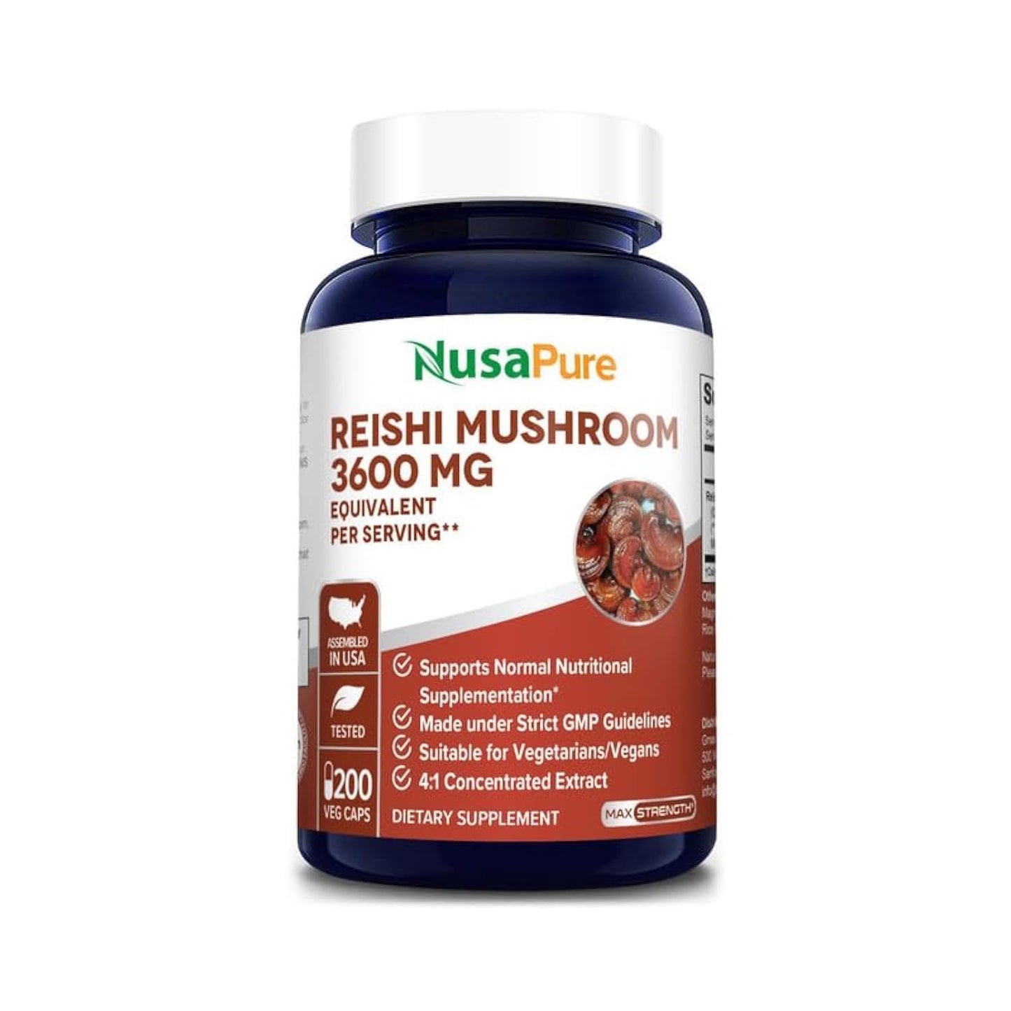 NusaPure Reishi Mushroom 4:1 Extract, 900 mg Equivalent to 3,600mg per Capsule 200 Veggie Caps Vegan, Non-GMO, Gluten-Free - Maple Wellness Supplements