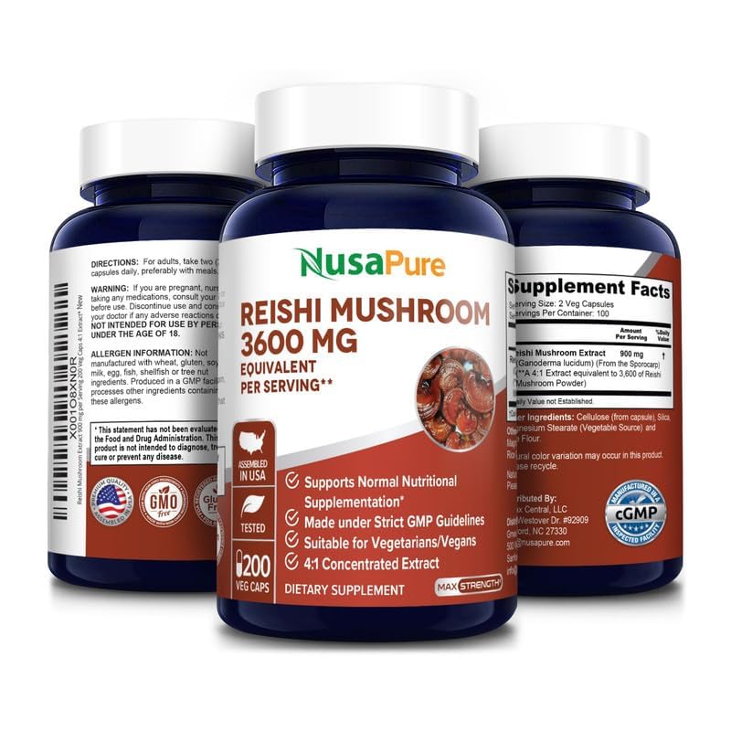 NusaPure Reishi Mushroom 4:1 Extract, 900 mg Equivalent to 3,600mg per Capsule 200 Veggie Caps Vegan, Non-GMO, Gluten-Free - Maple Wellness Supplements