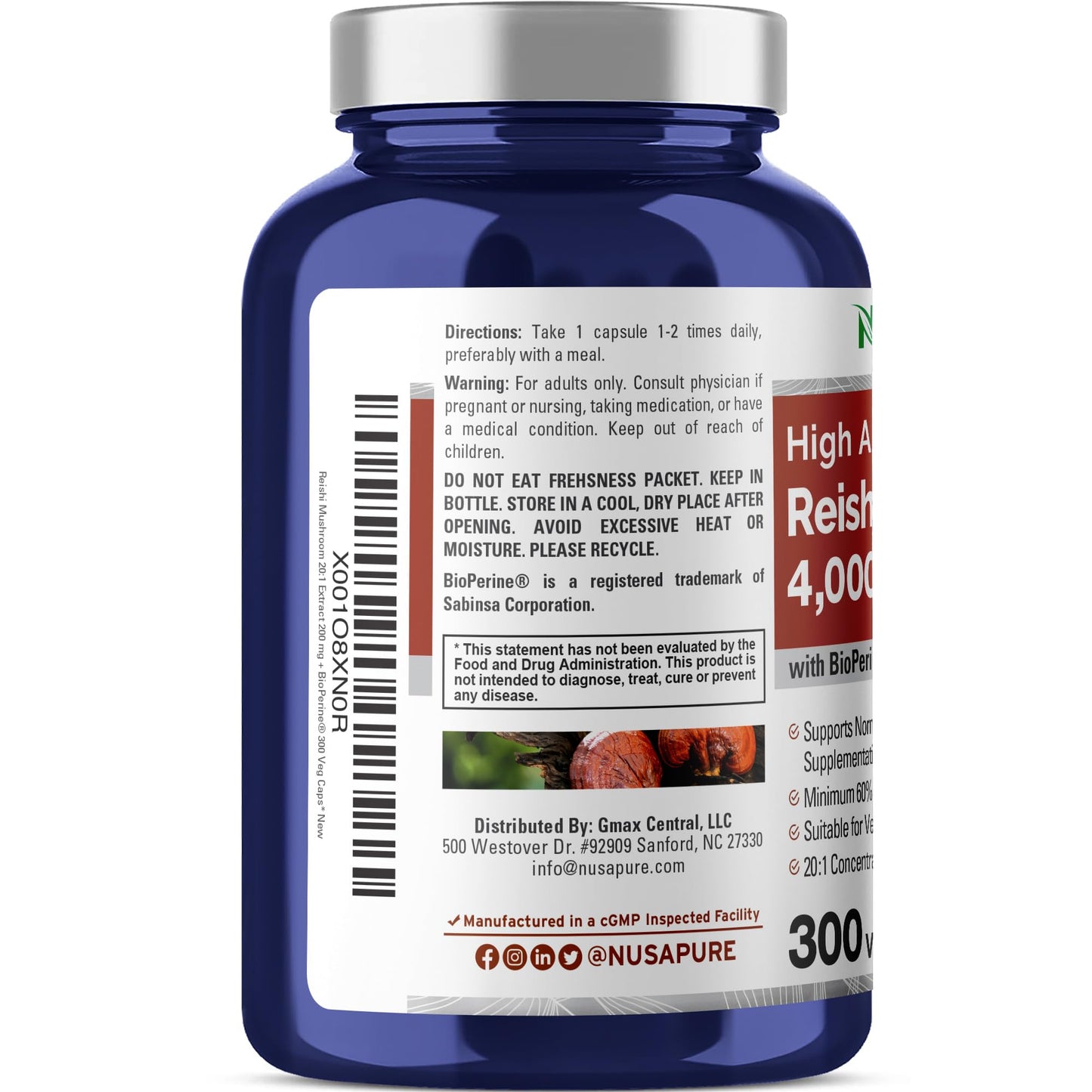 NusaPure Reishi Mushroom Extract 20:1 Extract, 200 mg Equivalent to 4000mg per Capsule 300 Veggie Caps Vegan, Non-GMO, Vegan - Maple Wellness Supplements