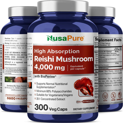 NusaPure Reishi Mushroom Extract 20:1 Extract, 200 mg Equivalent to 4000mg per Capsule 300 Veggie Caps Vegan, Non-GMO, Vegan - Maple Wellness Supplements