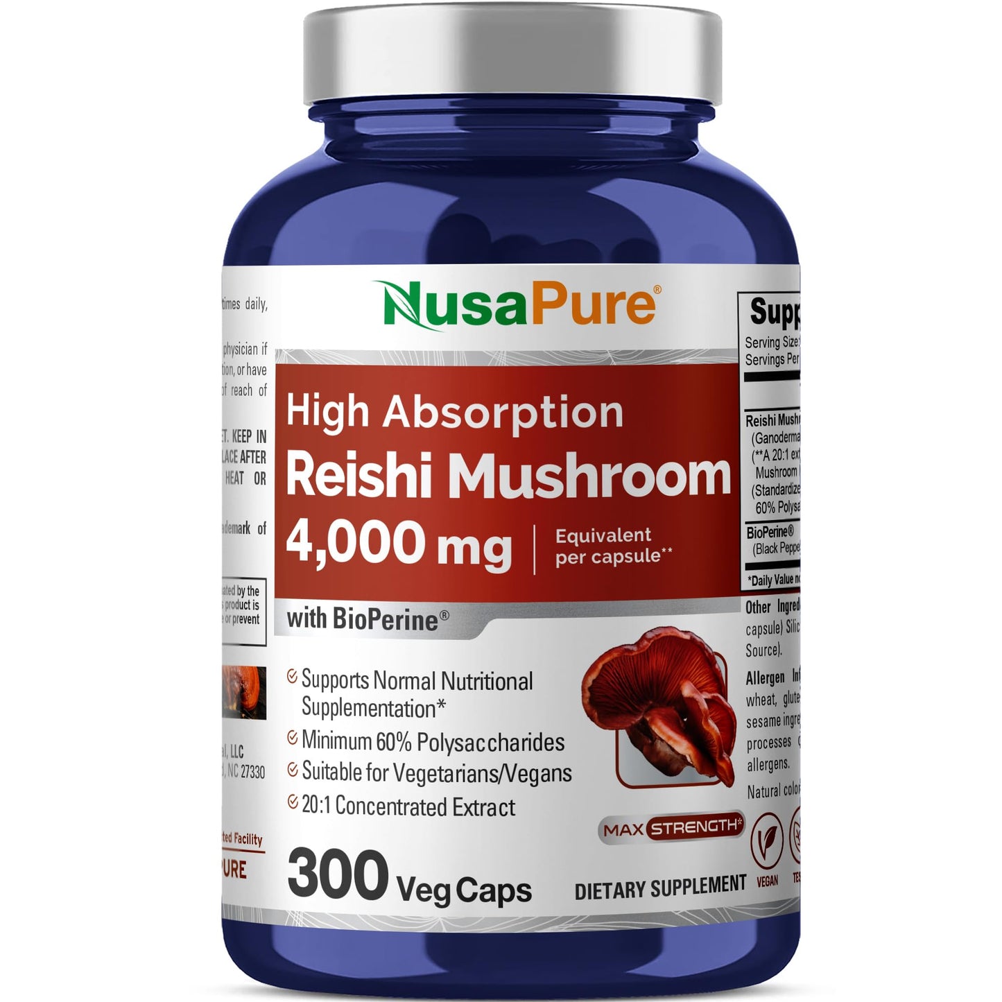 NusaPure Reishi Mushroom Extract 20:1 Extract, 200 mg Equivalent to 4000mg per Capsule 300 Veggie Caps Vegan, Non-GMO, Vegan - Maple Wellness Supplements