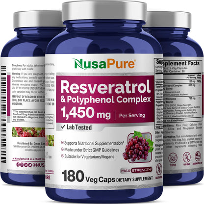 NusaPure Resveratrol & Polyphenol Complex 1450mg 180 Vegetarian Caps (Non-GMO, Vegan) Vitamin C - Maple Wellness Supplements