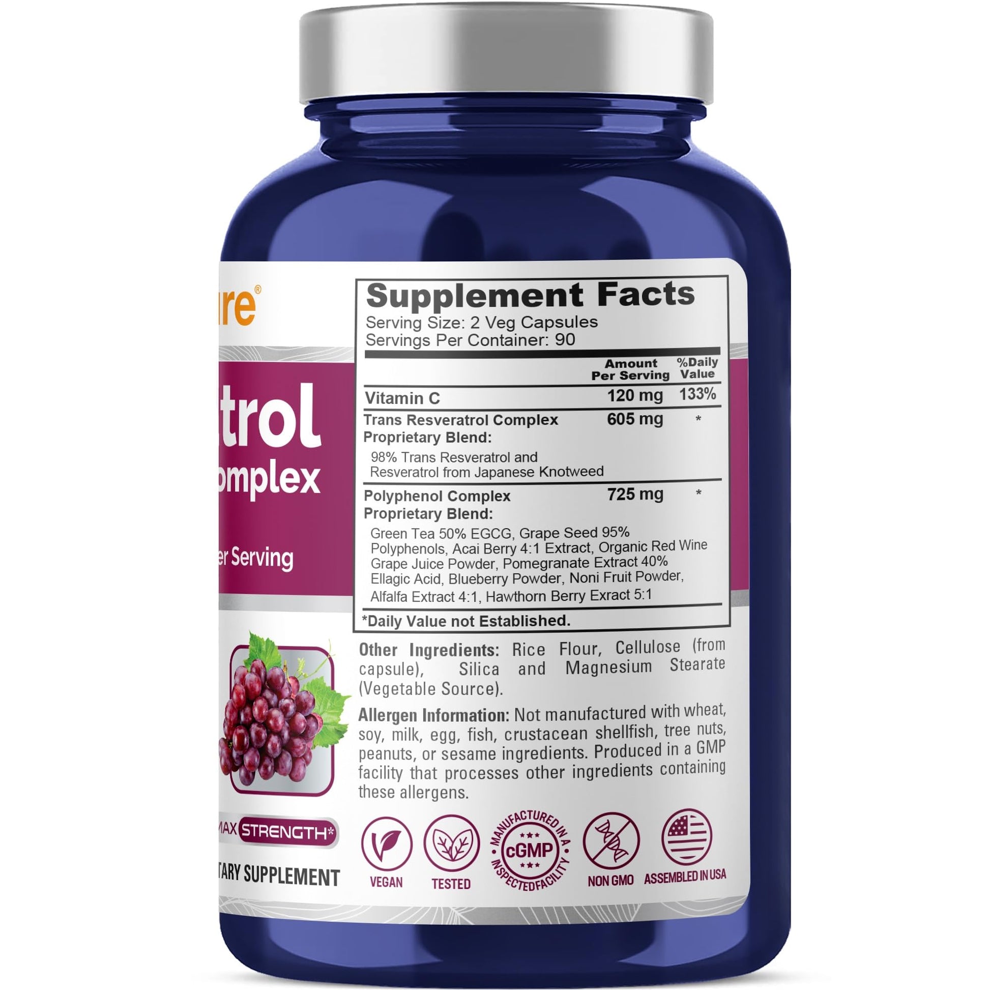 NusaPure Resveratrol & Polyphenol Complex 1450mg 180 Vegetarian Caps (Non-GMO, Vegan) Vitamin C - Maple Wellness Supplements