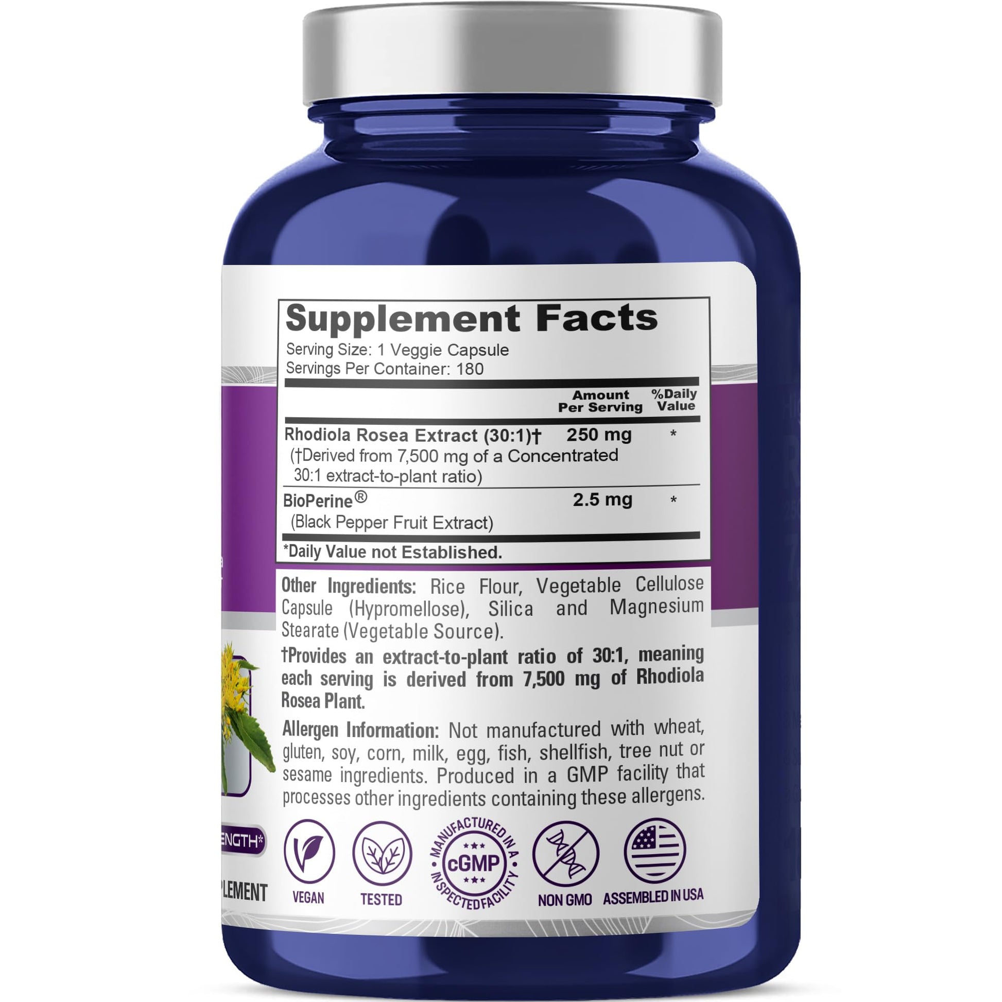 NusaPure Rhodiola Rosea 7,500mg 180 Veggie Capsules (Non-GMO, Extract 30:1, Vegan & Gluten-Free) Bioperine - Maple Wellness Supplements