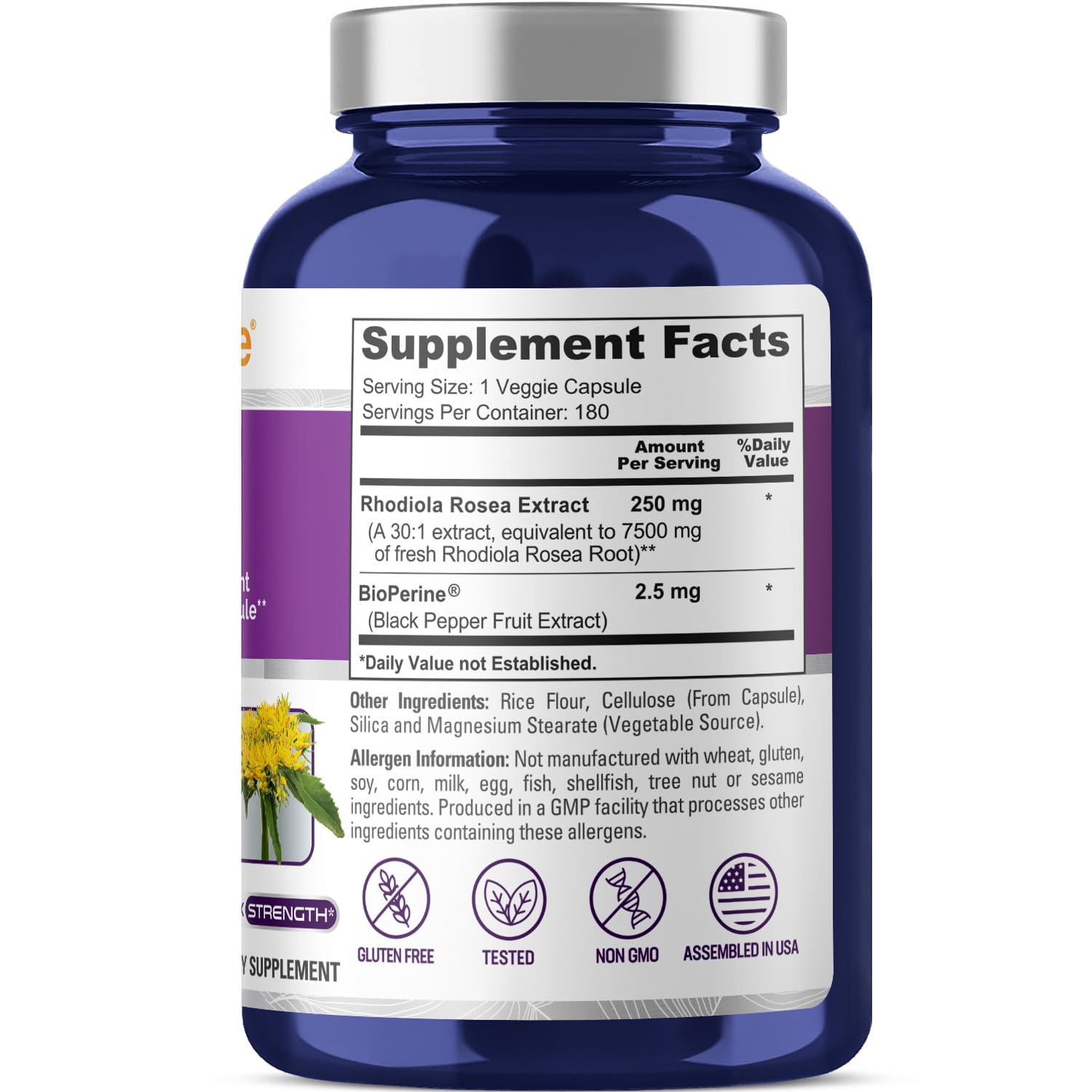 NusaPure Rhodiola Rosea 7,500mg 180 Veggie Capsules (Non-GMO, Extract 30:1, Vegan & Gluten-Free) Bioperine - Maple Wellness Supplements