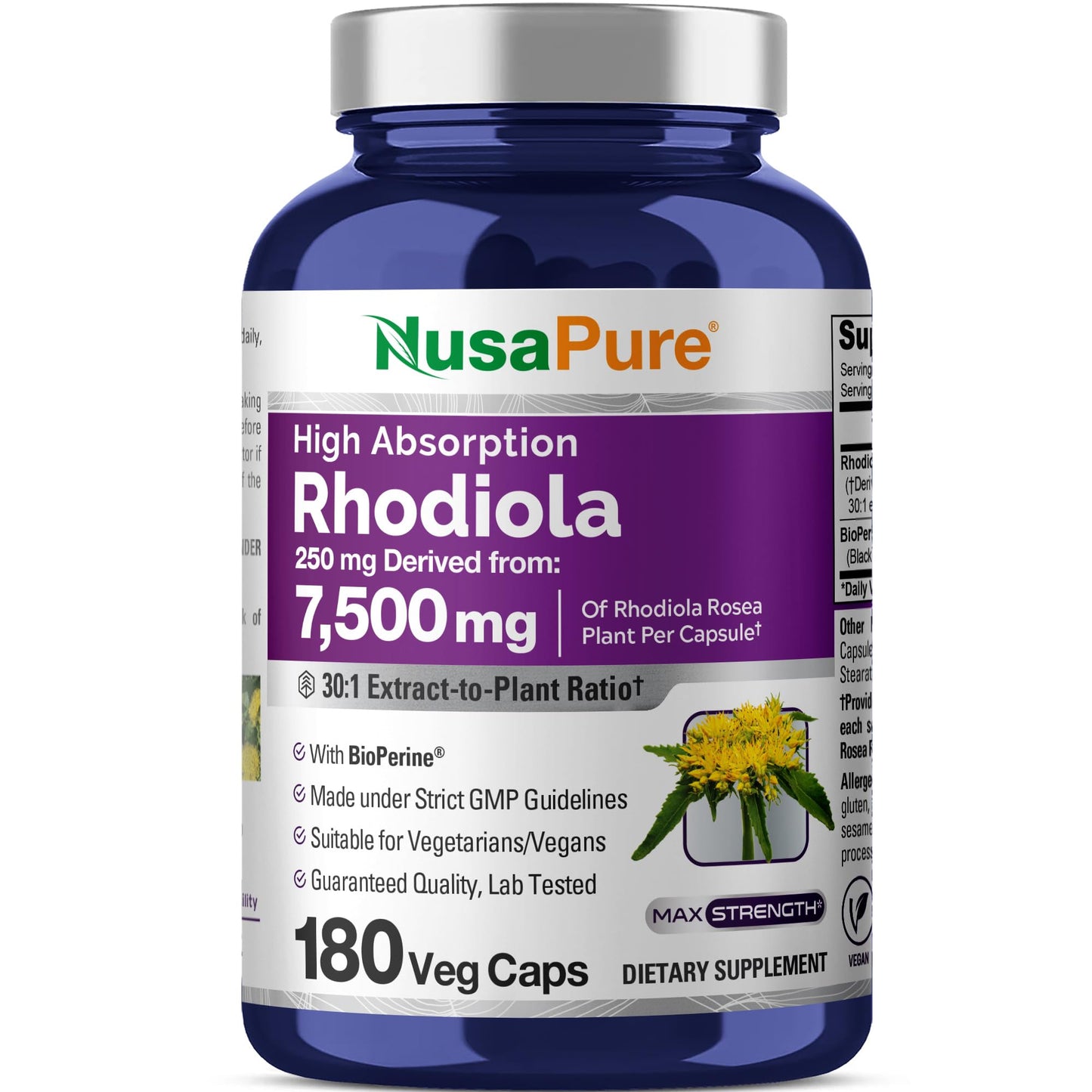 NusaPure Rhodiola Rosea 7,500mg 180 Veggie Capsules (Non-GMO, Extract 30:1, Vegan & Gluten-Free) Bioperine - Maple Wellness Supplements