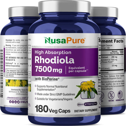 NusaPure Rhodiola Rosea 7,500mg 180 Veggie Capsules (Non-GMO, Extract 30:1, Vegan & Gluten-Free) Bioperine - Maple Wellness Supplements