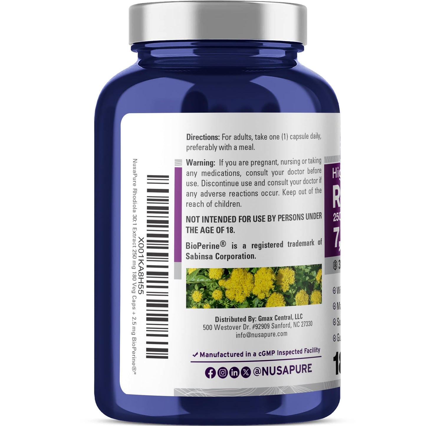 NusaPure Rhodiola Rosea 7,500mg 180 Veggie Capsules (Non-GMO, Extract 30:1, Vegan & Gluten-Free) Bioperine - Maple Wellness Supplements