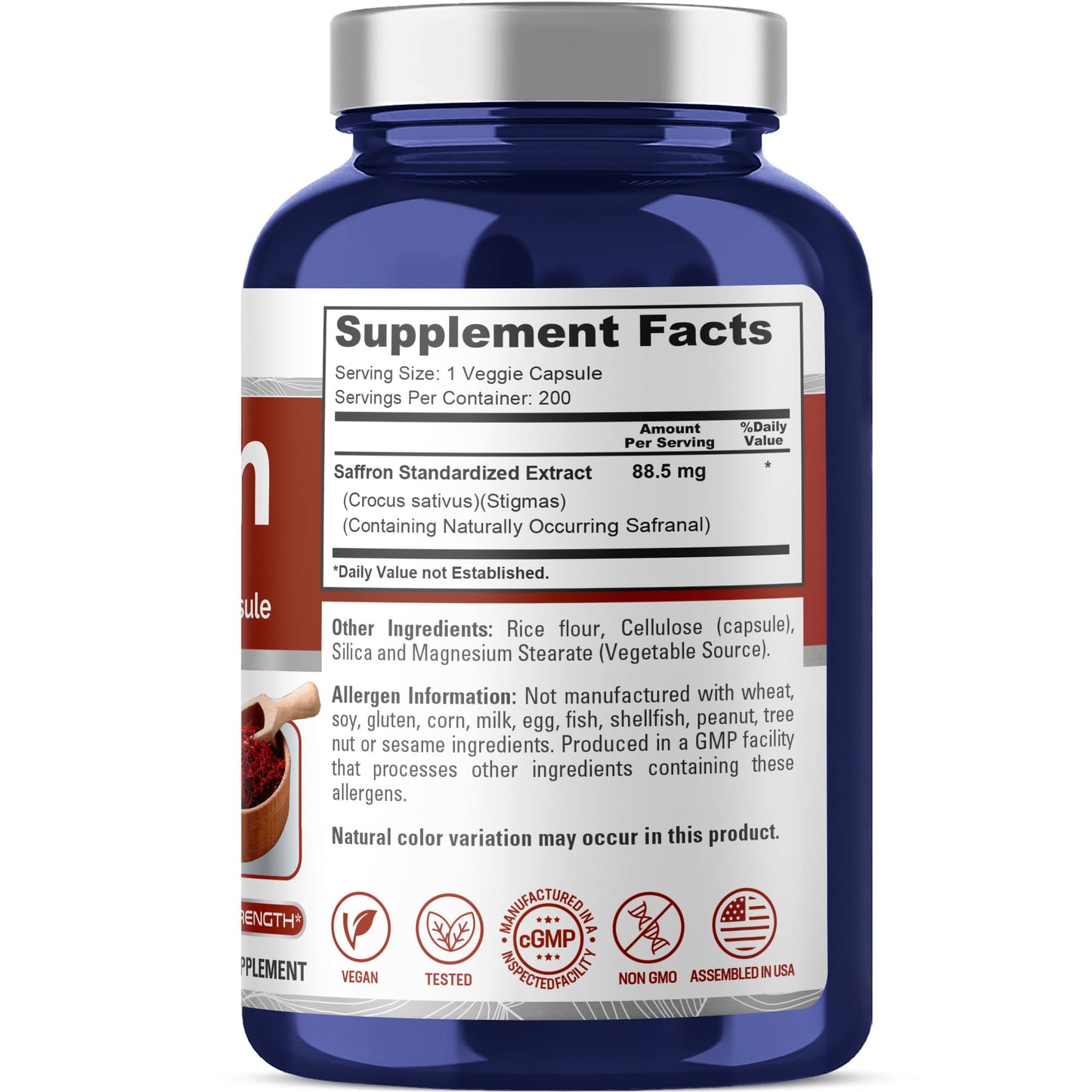 NusaPure Saffron Extract 88.5mg 200 Veggie Caps (Vegetarian, Non-GMO, Vegan) - Maple Wellness Supplements