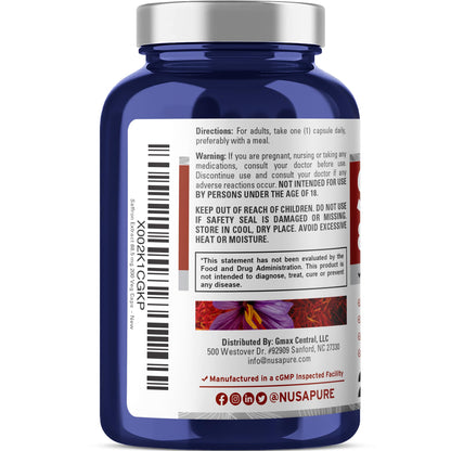 NusaPure Saffron Extract 88.5mg 200 Veggie Caps (Vegetarian, Non-GMO, Vegan) - Maple Wellness Supplements