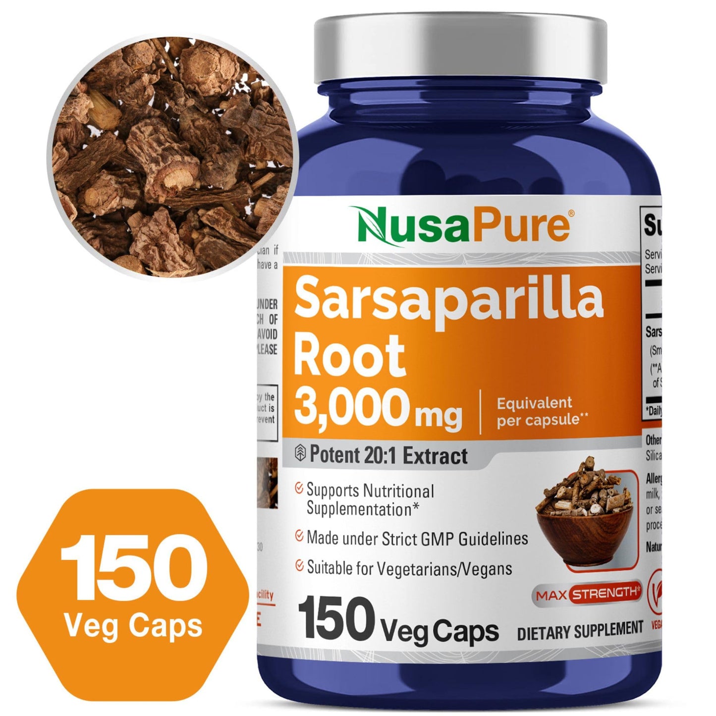 NusaPure Sarsaparilla Root 20:1 Extract - Suitable for Vegetarian/Vegan, Non - GMO - 3000 mg - 150 Capsules - Maple Wellness Supplements