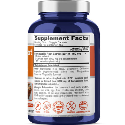 NusaPure Sarsaparilla Root 20:1 Extract - Suitable for Vegetarian/Vegan, Non - GMO - 3000 mg - 150 Capsules - Maple Wellness Supplements