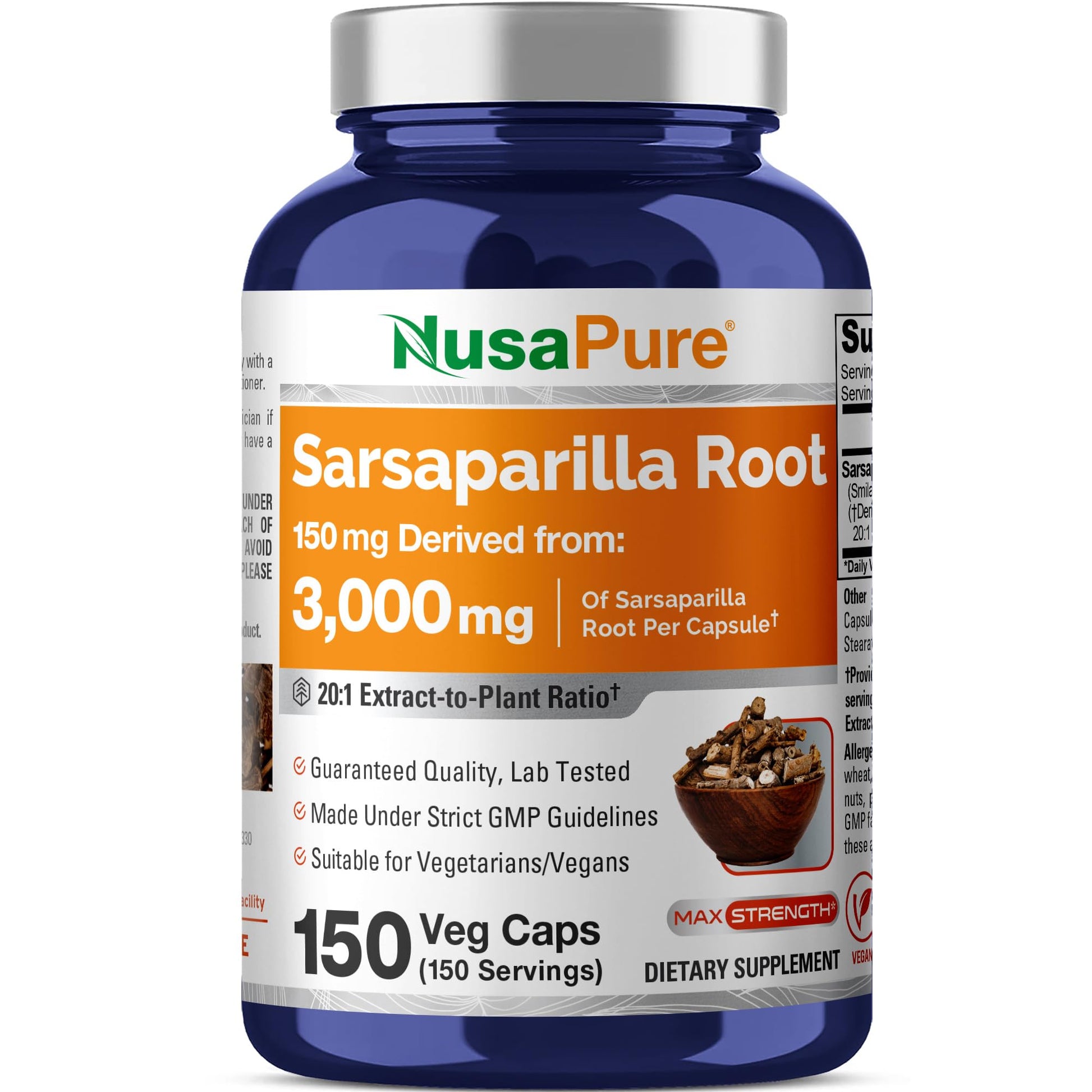 NusaPure Sarsaparilla Root 20:1 Extract - Suitable for Vegetarian/Vegan, Non - GMO - 3000 mg - 150 Capsules - Maple Wellness Supplements