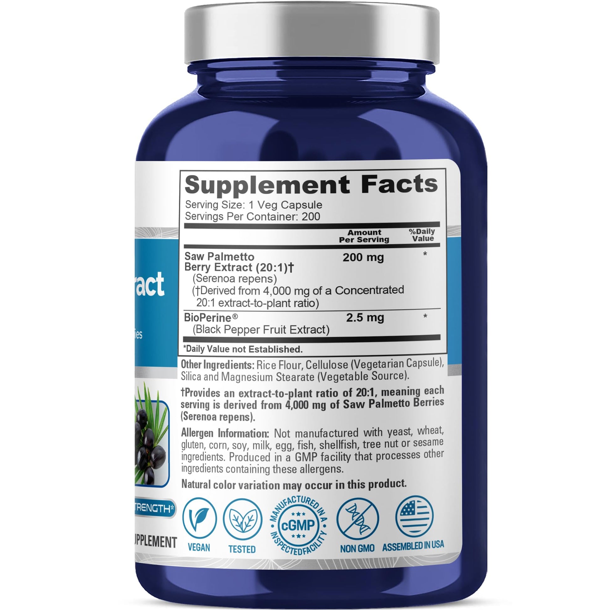 NusaPure Saw Palmetto 20:1 Extract, 200 mg Equivalent to 4,000 mg per Veggie Caps 200 Count Non-GMO, Vegan, Vegetarian, Bioperine - Maple Wellness Supplements