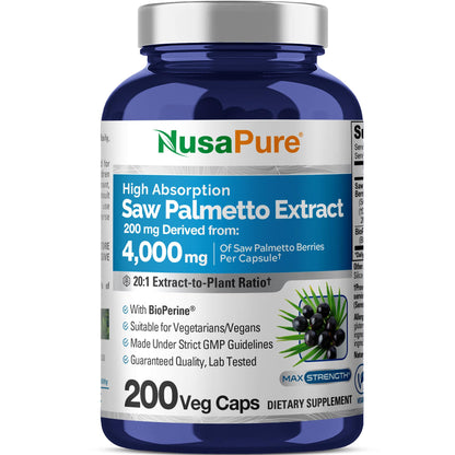 NusaPure Saw Palmetto 20:1 Extract, 200 mg Equivalent to 4,000 mg per Veggie Caps 200 Count Non-GMO, Vegan, Vegetarian, Bioperine - Maple Wellness Supplements