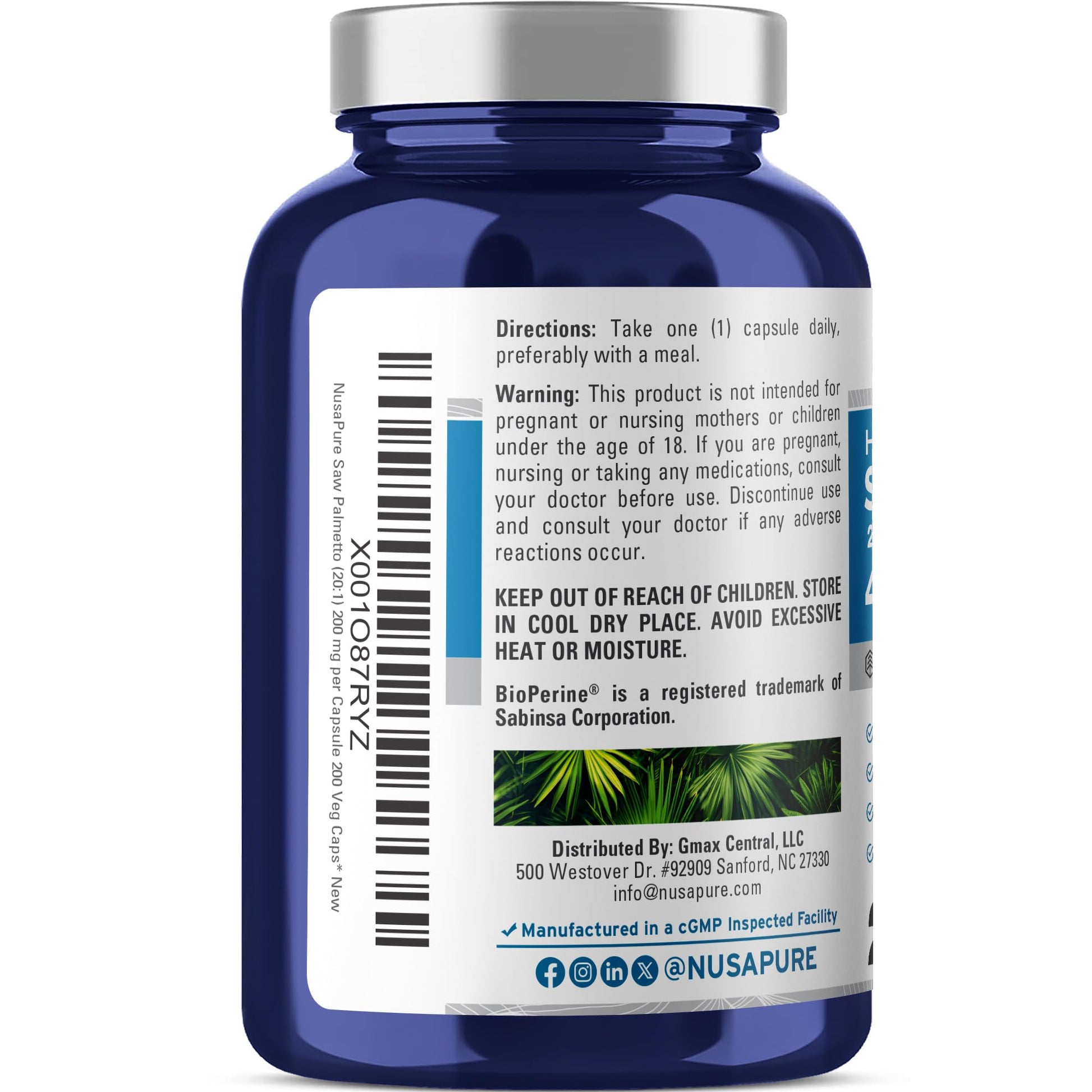 NusaPure Saw Palmetto 20:1 Extract, 200 mg Equivalent to 4,000 mg per Veggie Caps 200 Count Non-GMO, Vegan, Vegetarian, Bioperine - Maple Wellness Supplements