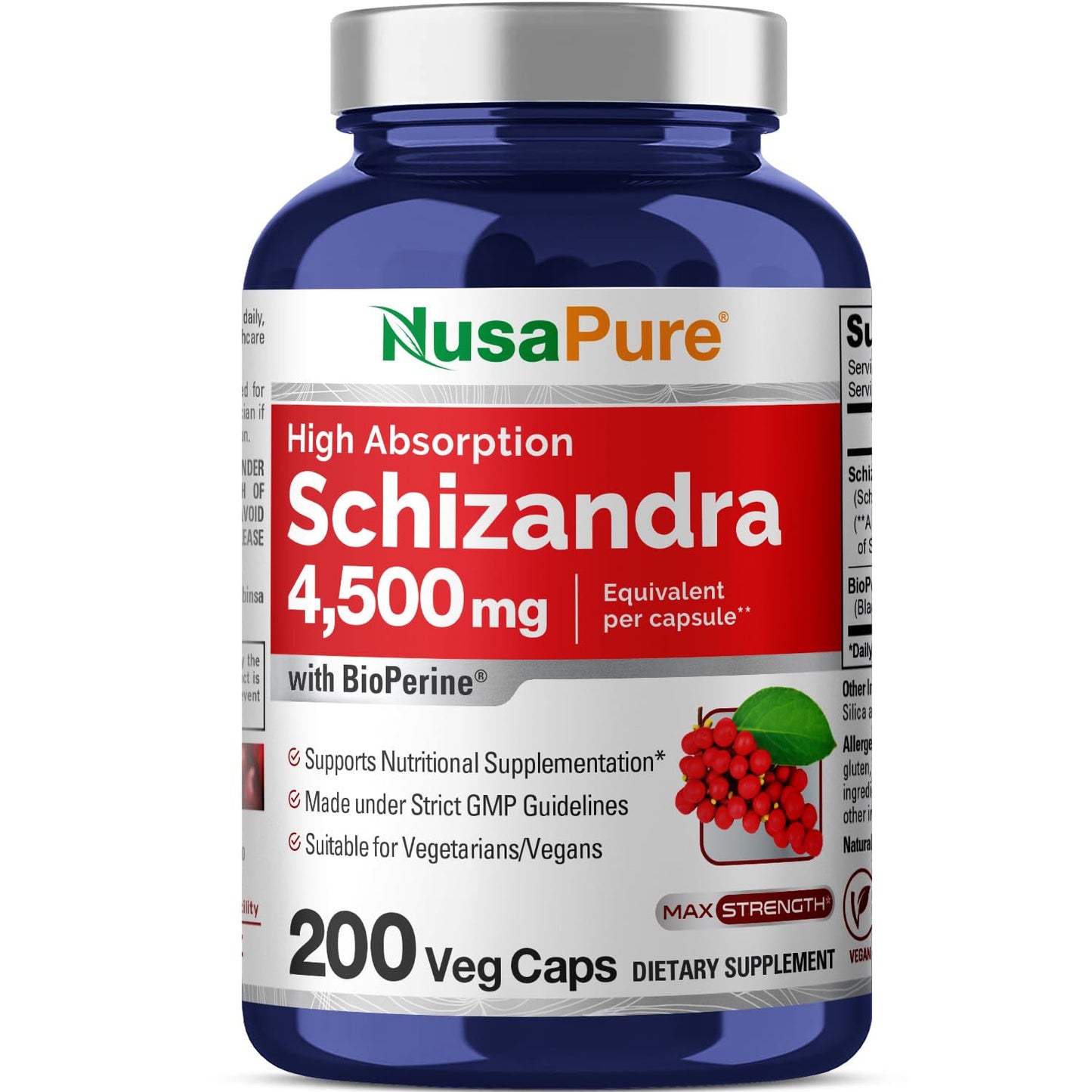 NusaPure Schizandra Berries 20:1 Extract, 225 mg Equivalent to 4500mg, 200 Vegan Capsules (Non-GMO, Bioperine) - Maple Wellness Supplements