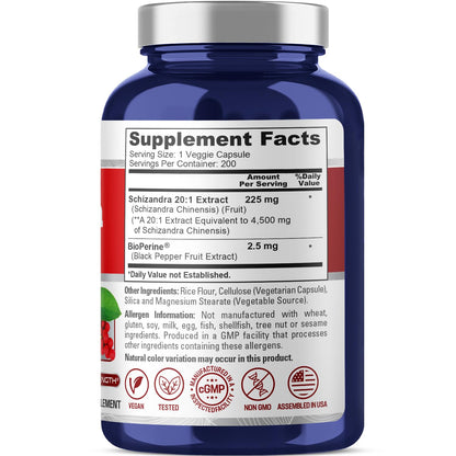 NusaPure Schizandra Berries 20:1 Extract, 225 mg Equivalent to 4500mg, 200 Vegan Capsules (Non-GMO, Bioperine) - Maple Wellness Supplements