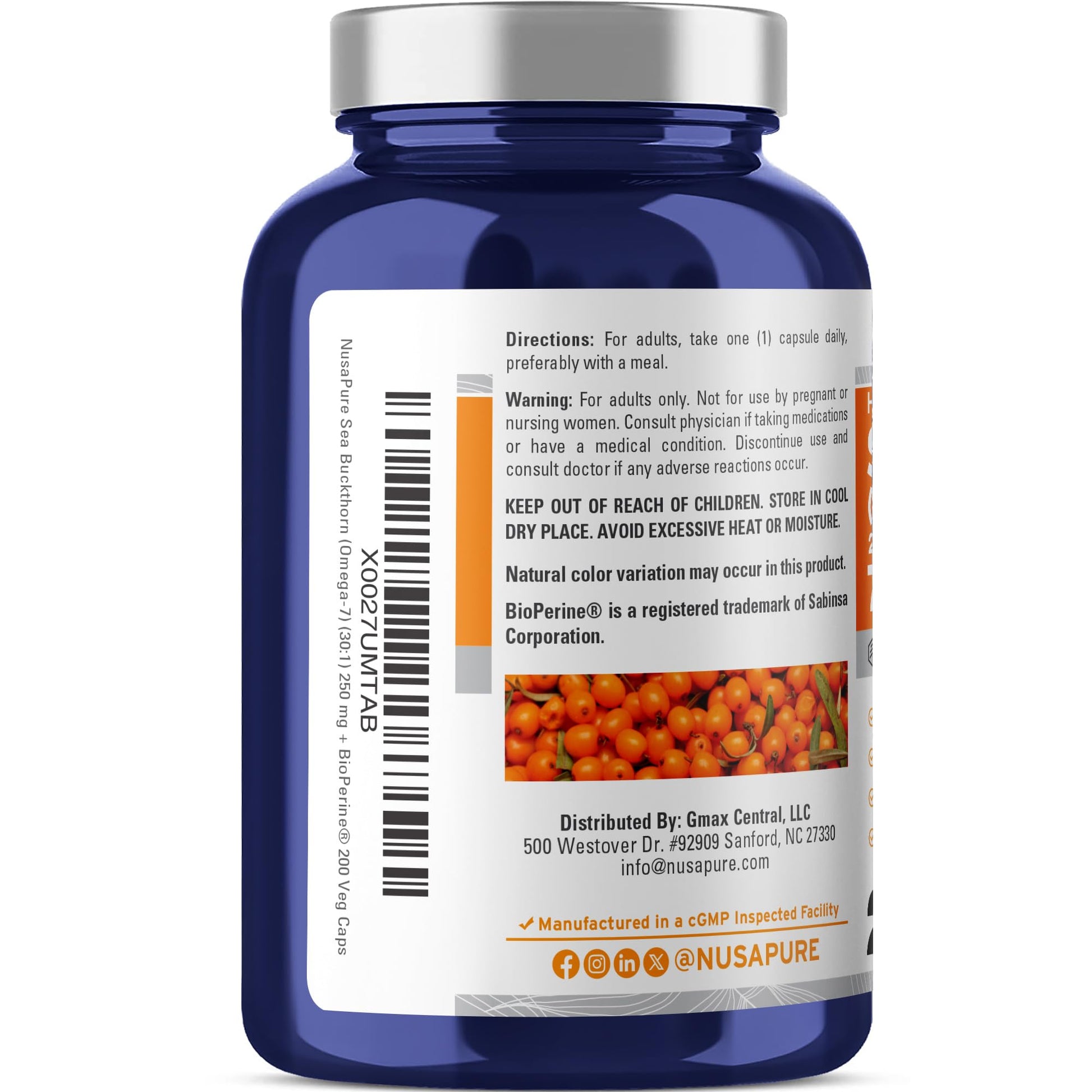 NusaPure Sea Buckthorn Omega-7 30:1 Extract, 250 mg Equivalent to 7,500mg per Veggie Caps - 200 Capsules - Non-GMO & Vegan - Maple Wellness Supplements