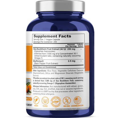 NusaPure Sea Buckthorn Omega-7 30:1 Extract, 250 mg Equivalent to 7,500mg per Veggie Caps - 200 Capsules - Non-GMO & Vegan - Maple Wellness Supplements