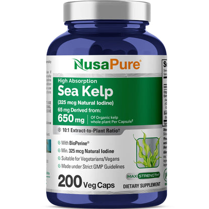 NusaPure Sea Kelp Natural Iodine 325mcg 10:1 Extract, 65 mg Equivalent to 650 mg Capsule 200 Count (Non-GMO, Vegan) - Maple Wellness Supplements
