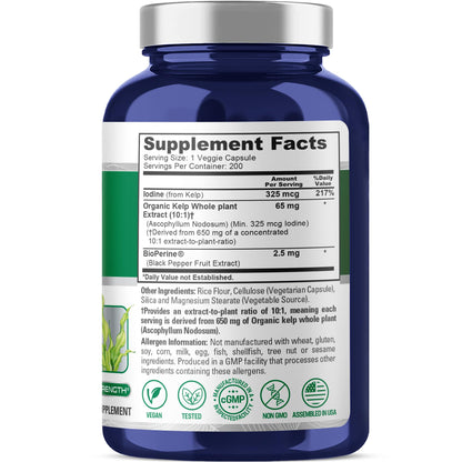 NusaPure Sea Kelp Natural Iodine 325mcg 10:1 Extract, 65 mg Equivalent to 650 mg Capsule 200 Count (Non-GMO, Vegan) - Maple Wellness Supplements