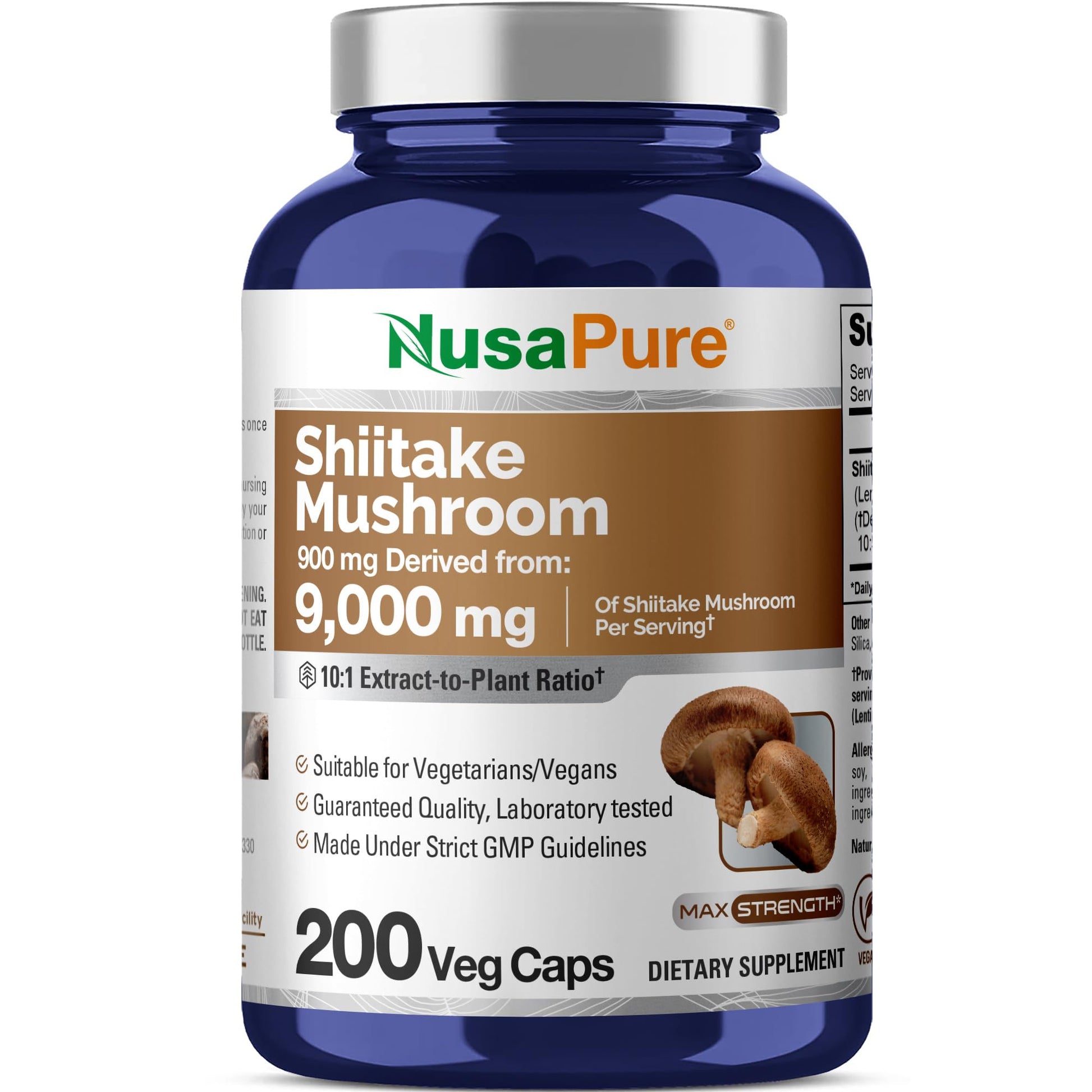 NusaPure Shiitake Mushroom 10:1 Extract, 900 mg Equivalent to 9000mg 200 Veggie Capsules (Non-GMO, Vegan) - Maple Wellness Supplements