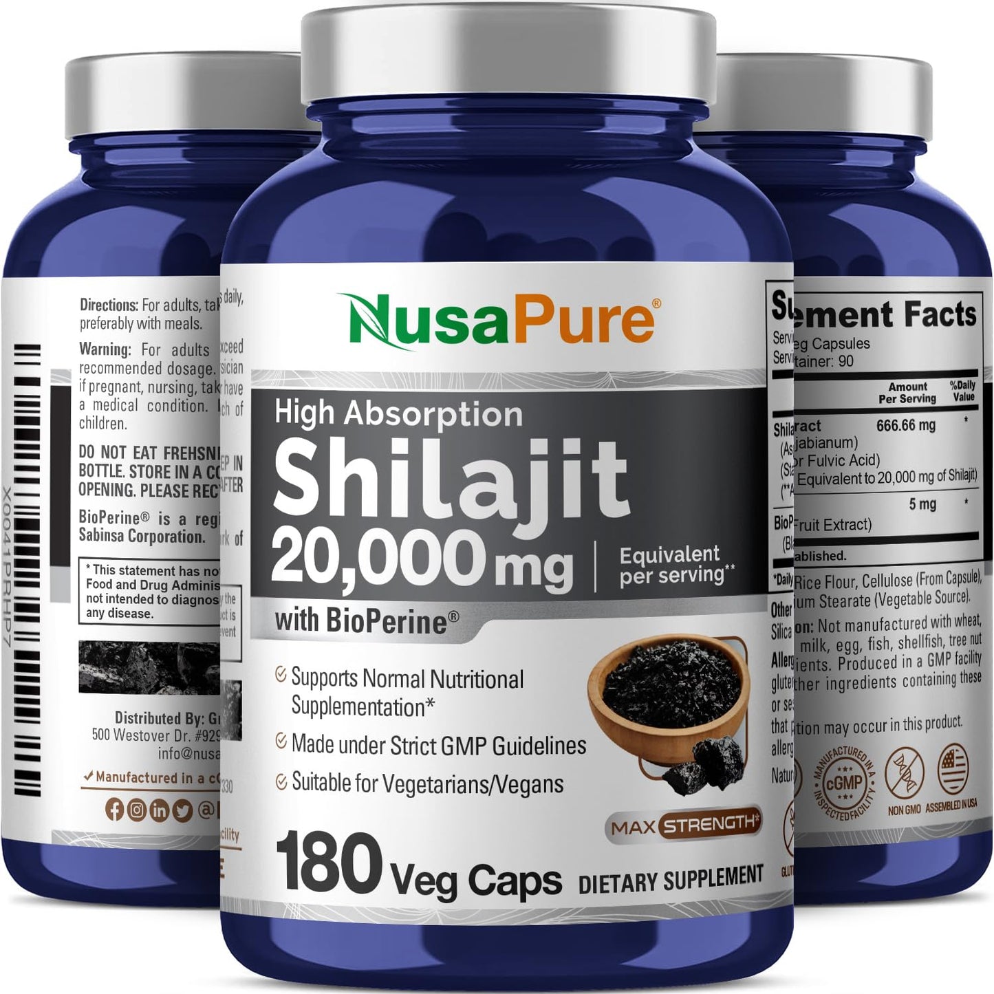 NusaPure Shilajit 20,000mg per Serving, 180 Veggie Caps, Non-GMO, Gluten Free, Bioperine - Maple Wellness Supplements