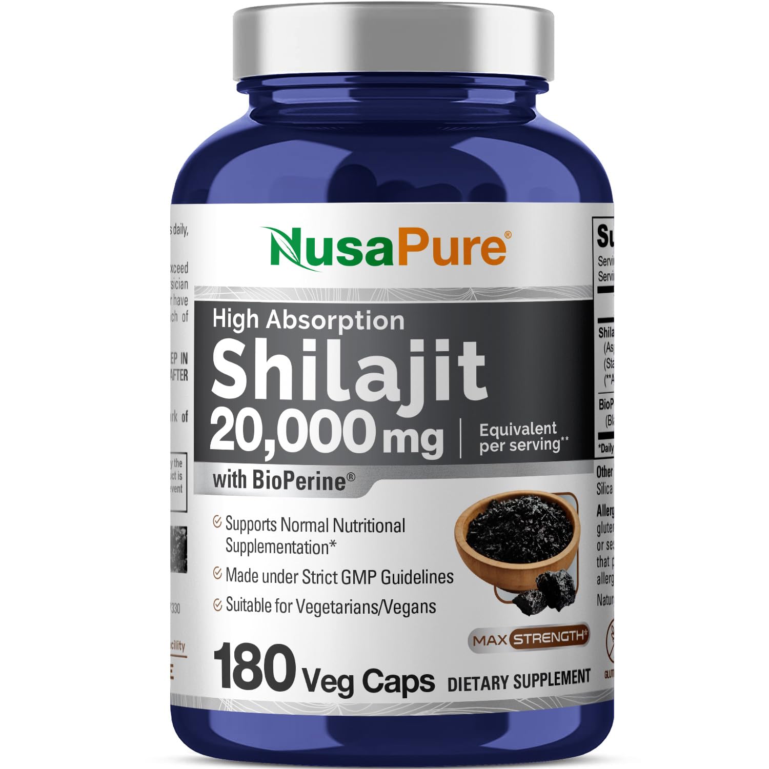 NusaPure Shilajit 20,000mg per Serving, 180 Veggie Caps, Non-GMO, Gluten Free, Bioperine - Maple Wellness Supplements