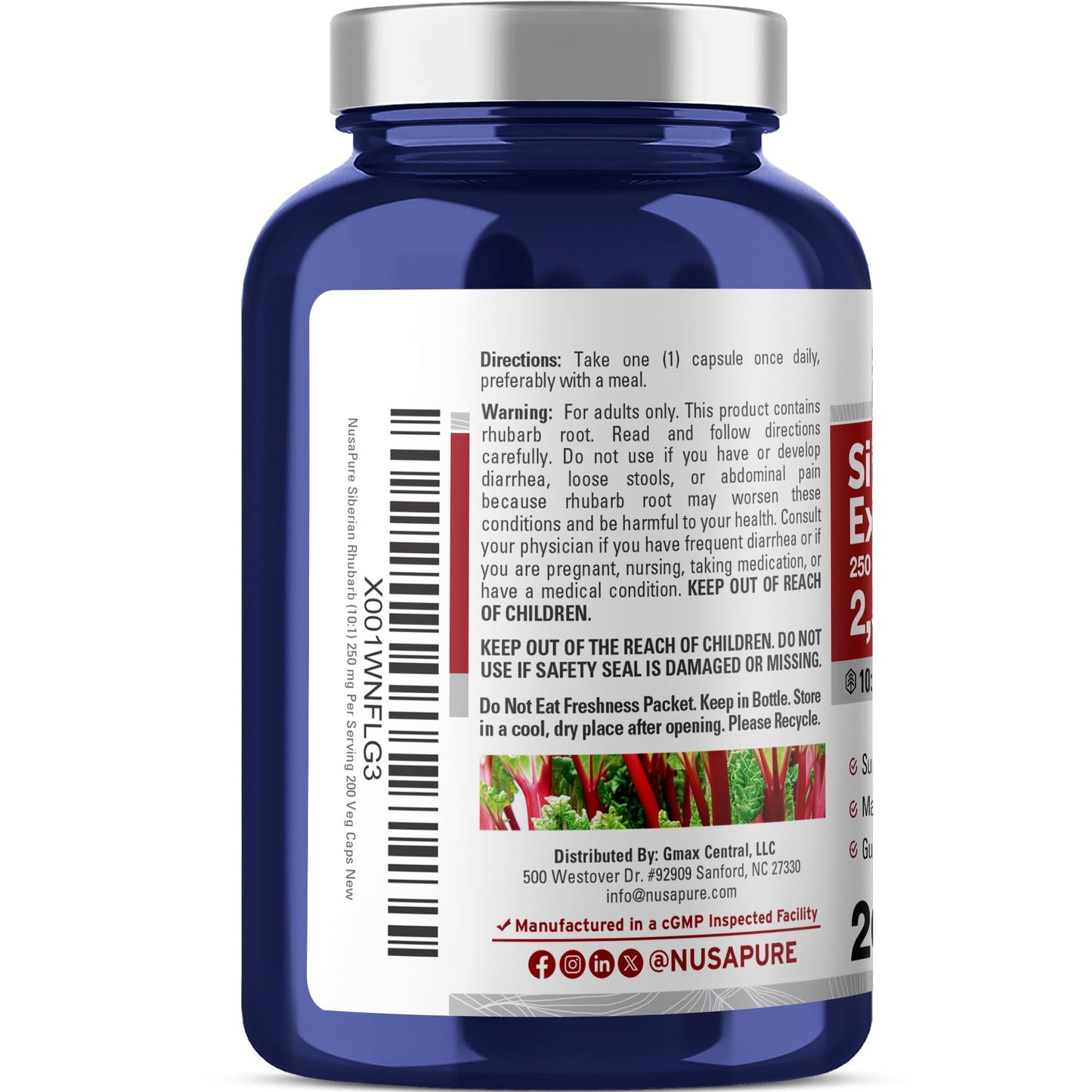 NusaPure Siberian Rhubarb 10:1 Extract, 250 mg Equivalent to 2,500mg - 200 Veggie Capsules (Vegetarian, Non-GMO, Vegan) - Maple Wellness Supplements