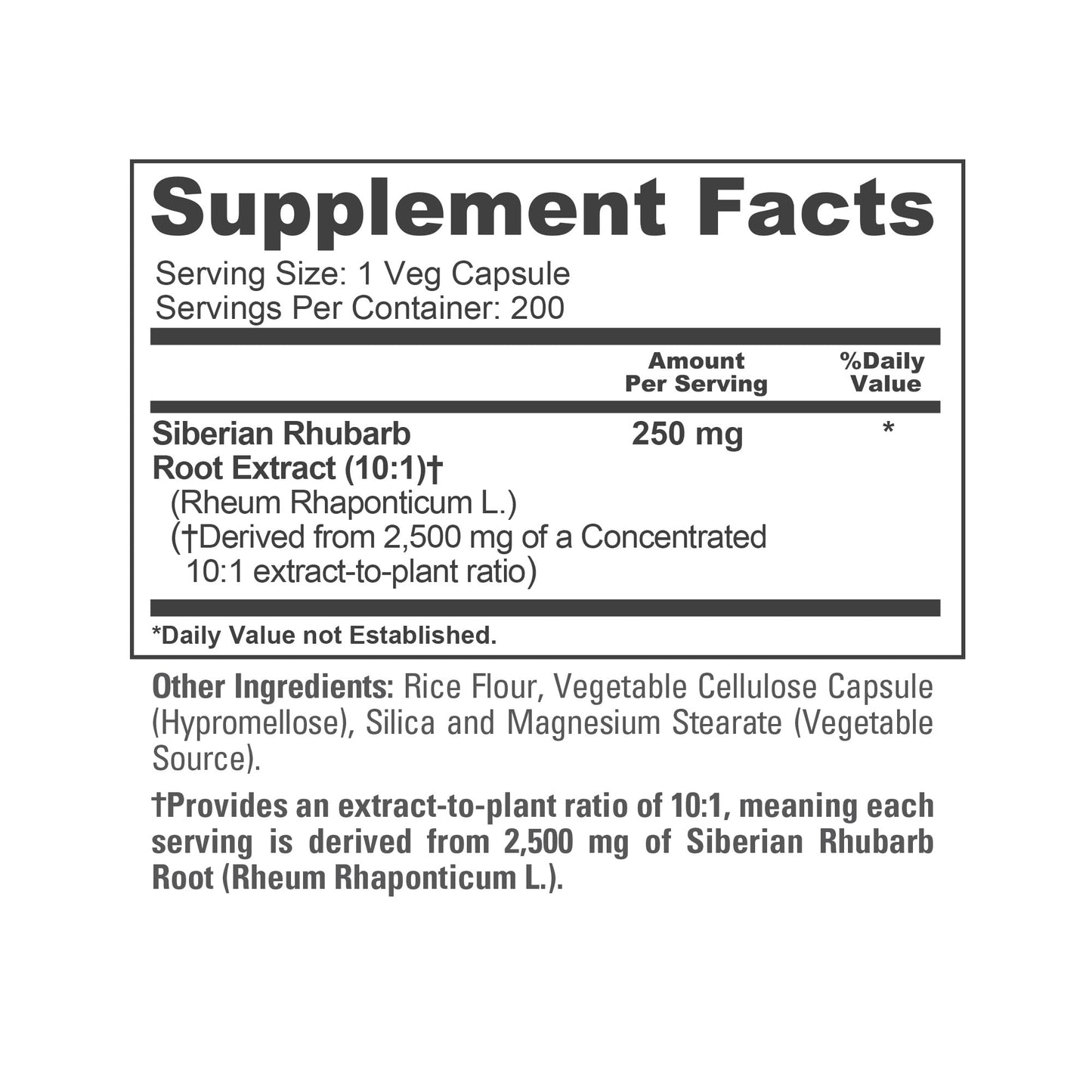 NusaPure Siberian Rhubarb 10:1 Extract, 250 mg Equivalent to 2,500mg - 200 Veggie Capsules (Vegetarian, Non-GMO, Vegan) - Maple Wellness Supplements