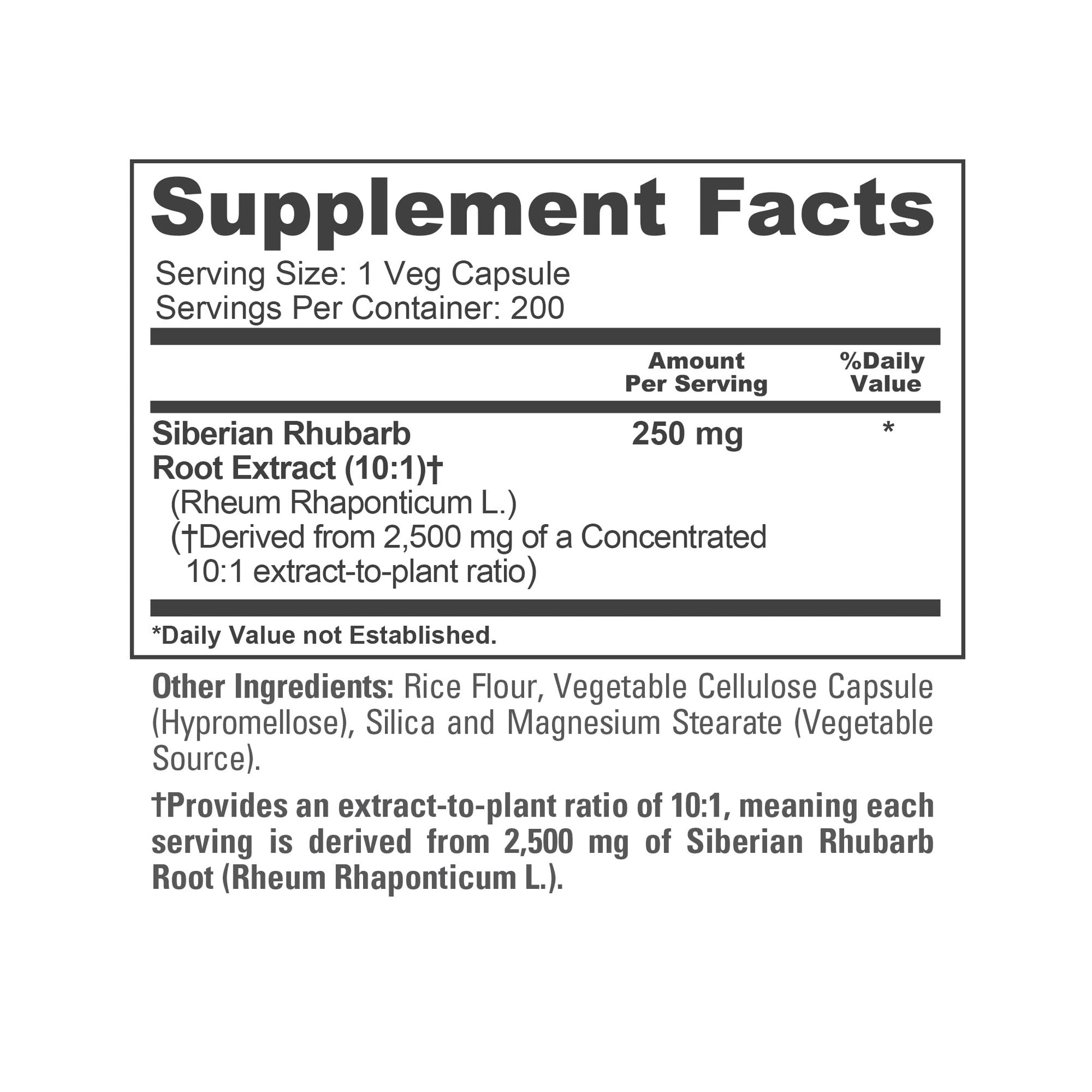 NusaPure Siberian Rhubarb 10:1 Extract, 250 mg Equivalent to 2,500mg - 200 Veggie Capsules (Vegetarian, Non-GMO, Vegan) - Maple Wellness Supplements