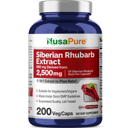 NusaPure Siberian Rhubarb 10:1 Extract, 250 mg Equivalent to 2,500mg - 200 Veggie Capsules (Vegetarian, Non-GMO, Vegan) - Maple Wellness Supplements