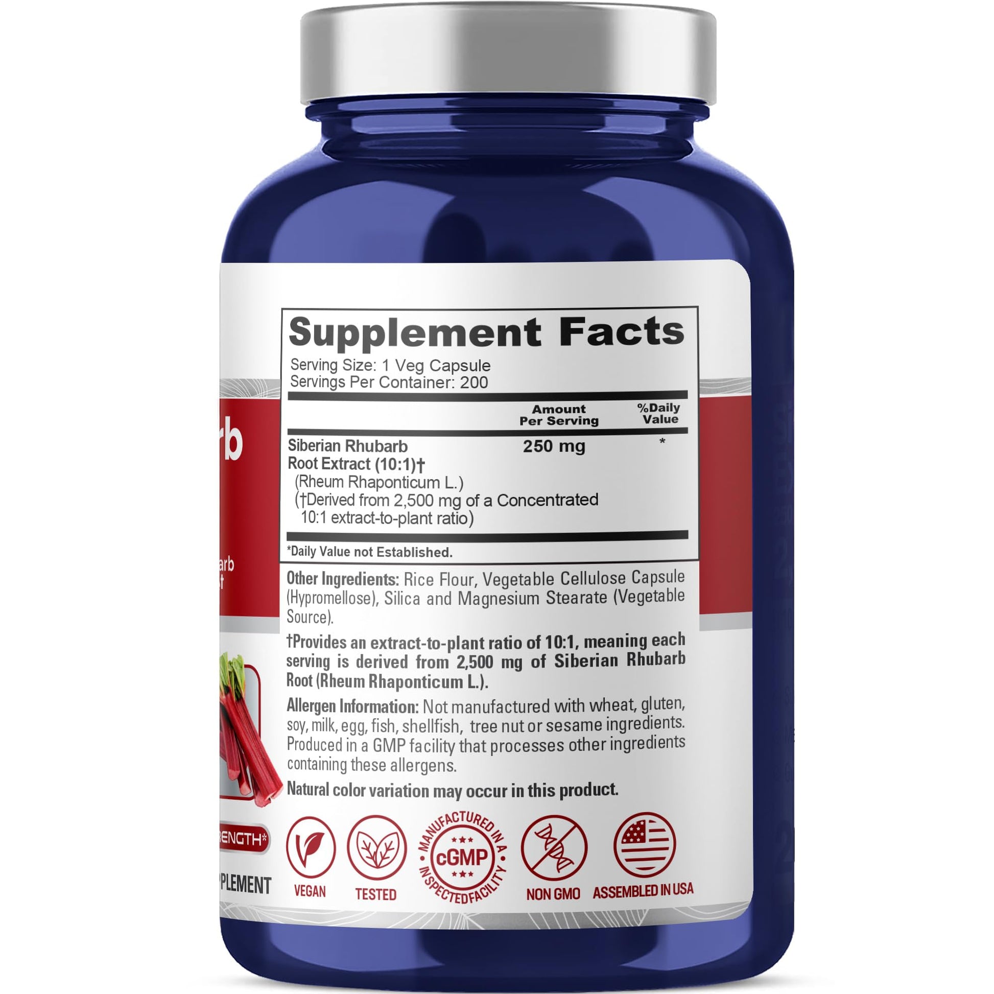 NusaPure Siberian Rhubarb 10:1 Extract, 250 mg Equivalent to 2,500mg - 200 Veggie Capsules (Vegetarian, Non-GMO, Vegan) - Maple Wellness Supplements