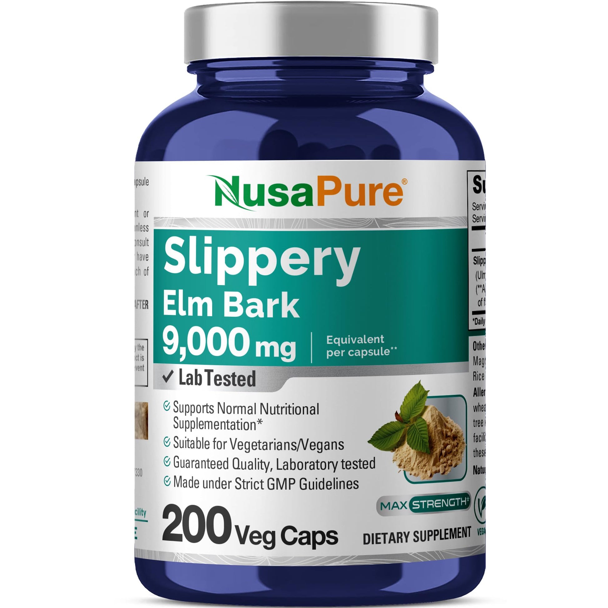 NusaPure Slippery Elm Bark 20:1 Extract, 450 mg Equivalent to 9,000mg 200 Veggie Capsules (Non-GMO, Vegan) - Maple Wellness Supplements