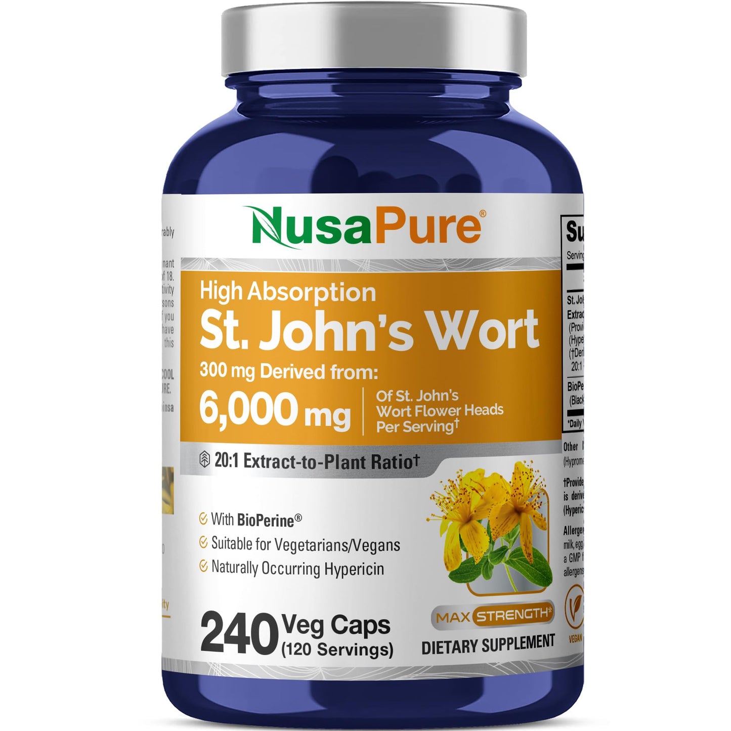 NusaPure St. John's Wort 20:1 Extract, 300 mg Equivalent to 6,000mg 240 Veggie Capsules (Vegetarian, Non-GMO & Vegan) Bioperine - Maple Wellness Supplements