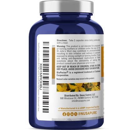 NusaPure St. John's Wort 20:1 Extract, 300 mg Equivalent to 6,000mg 240 Veggie Capsules (Vegetarian, Non-GMO & Vegan) Bioperine - Maple Wellness Supplements