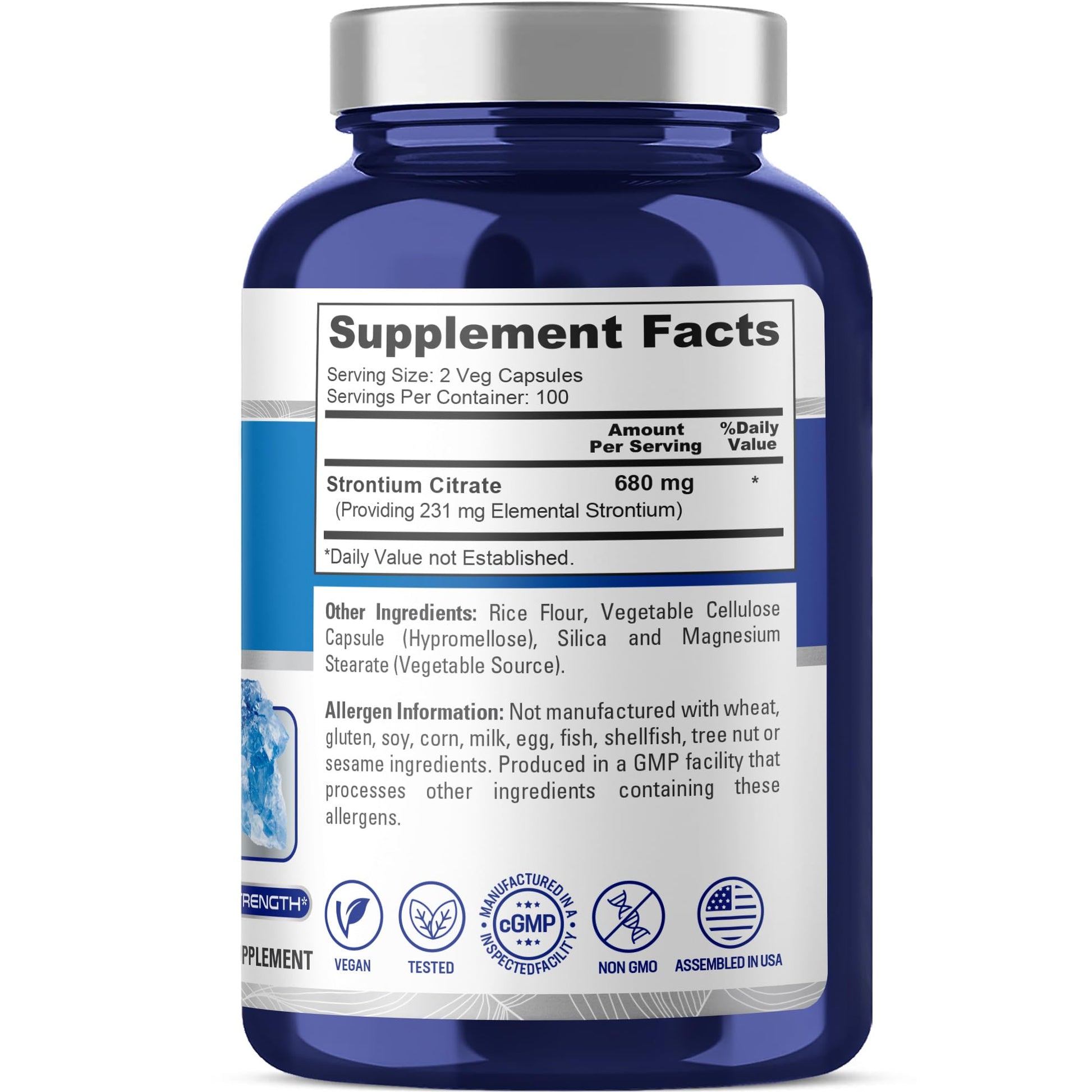 NusaPure Strontium Citrate - Suitable for Vegetarian/Vegan, Non - GMO - 680 mg 200 Capsules - Maple Wellness Supplements