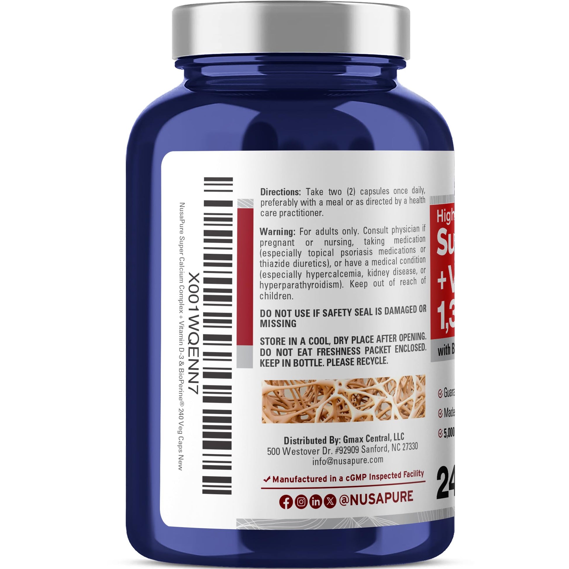 NusaPure Super Calcium with Vitamin D 3 & Calcium Citrate - Suitable for Vegetarian/Vegan, Non - GMO - 1300mg - 240 Capsules - Maple Wellness Supplements