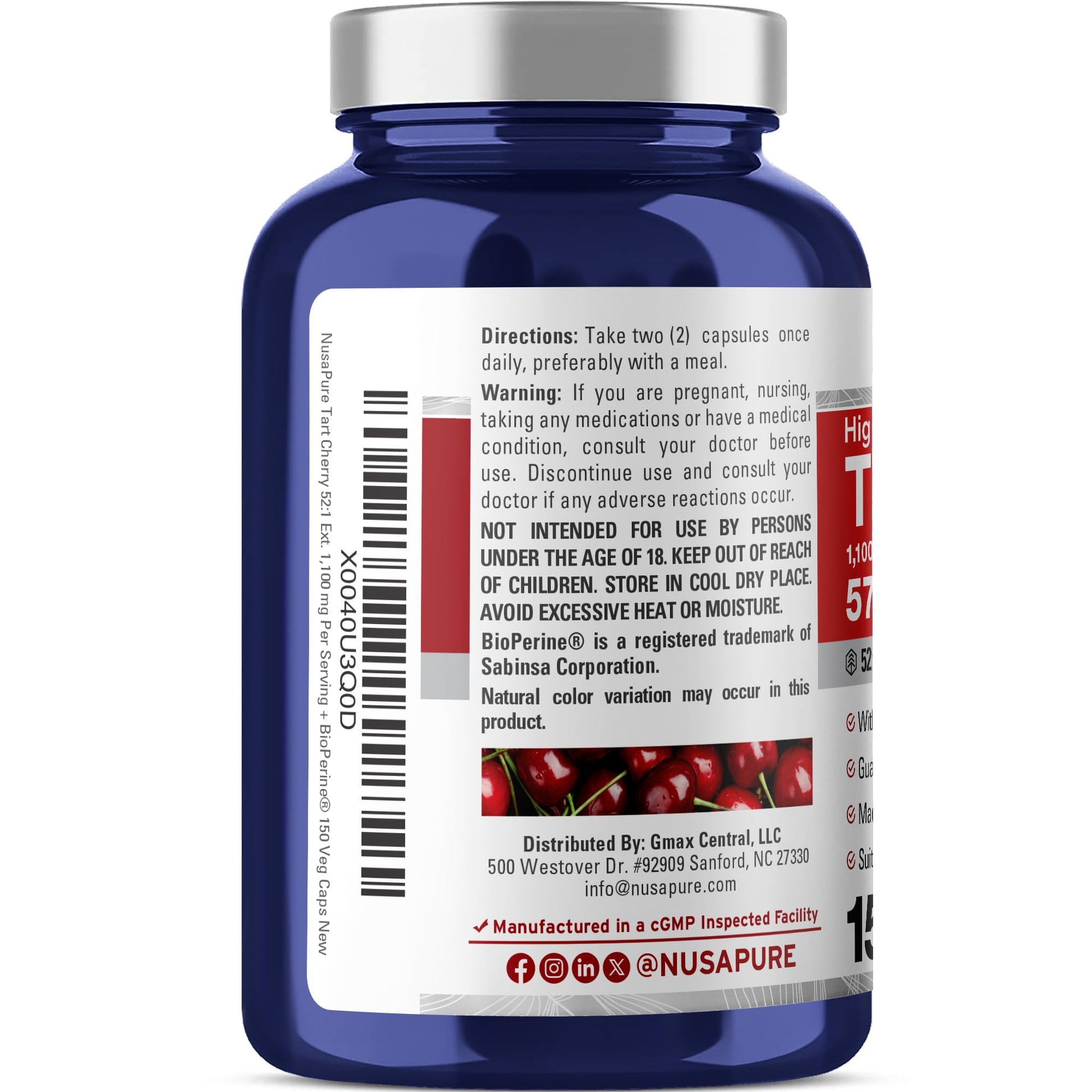 NusaPure Tart Cherry 57,200mg per Caps, 150 Count, Vegan, Non-GMO, Gluten Free - Maple Wellness Supplements