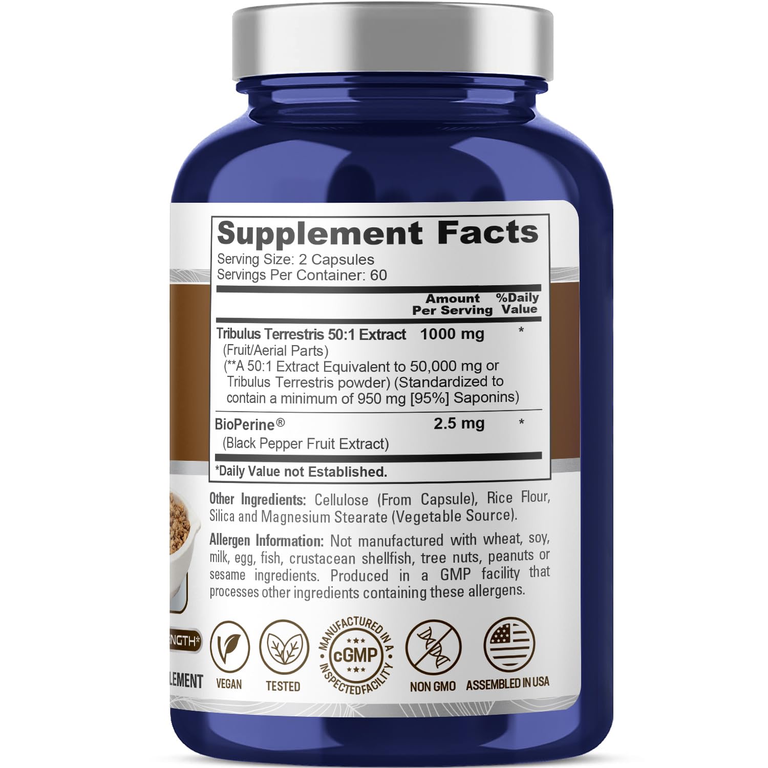 NusaPure Tribulus Terrestris 50:1 Extract, 1000 mg Equivalent to 50,000mg| 120 Veggie Caps | 95% Steroidal Saponins | Non-GMO, Bioperine & Vegan - Maple Wellness Supplements
