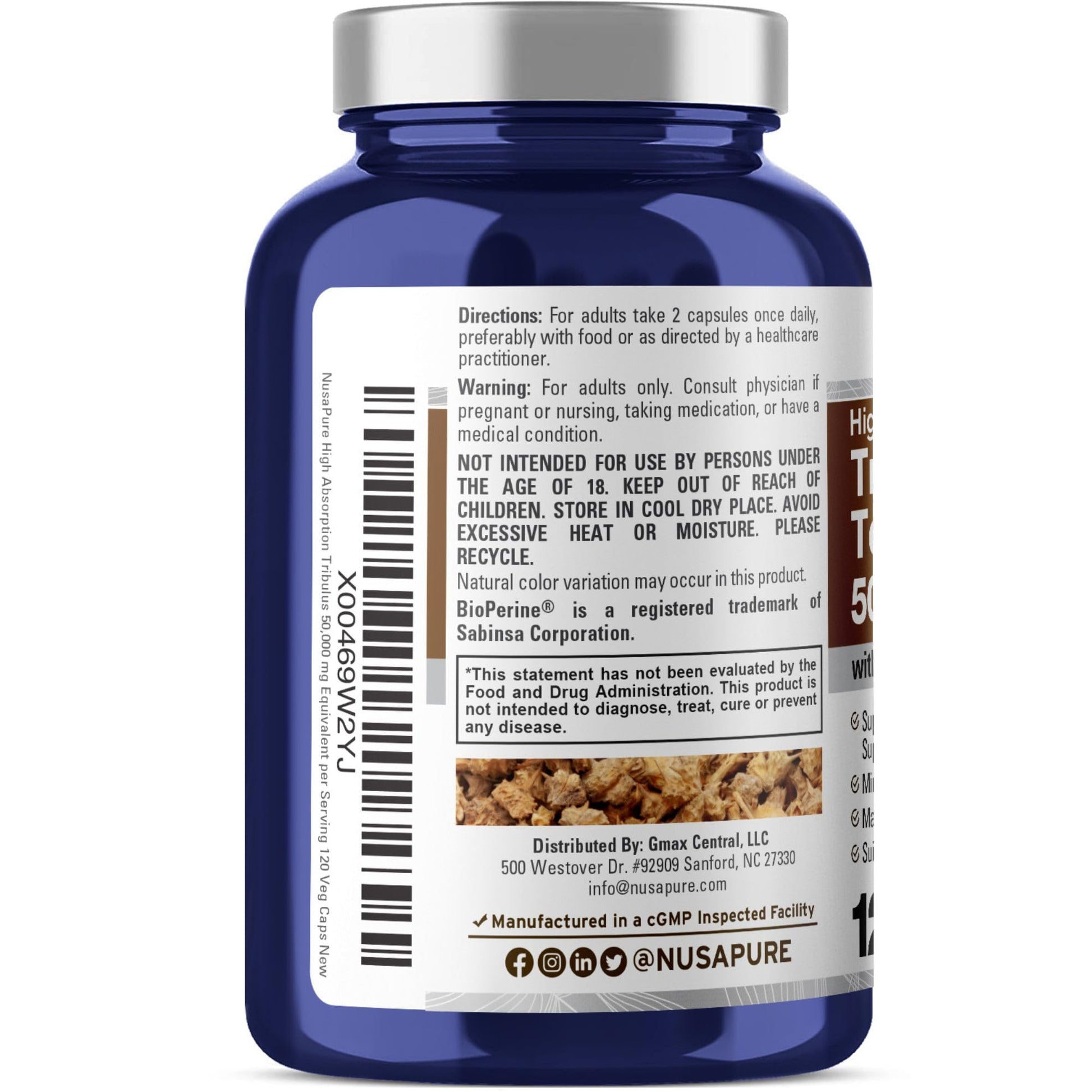 NusaPure Tribulus Terrestris 50:1 Extract, 1000 mg Equivalent to 50,000mg| 120 Veggie Caps | 95% Steroidal Saponins | Non-GMO, Bioperine & Vegan - Maple Wellness Supplements