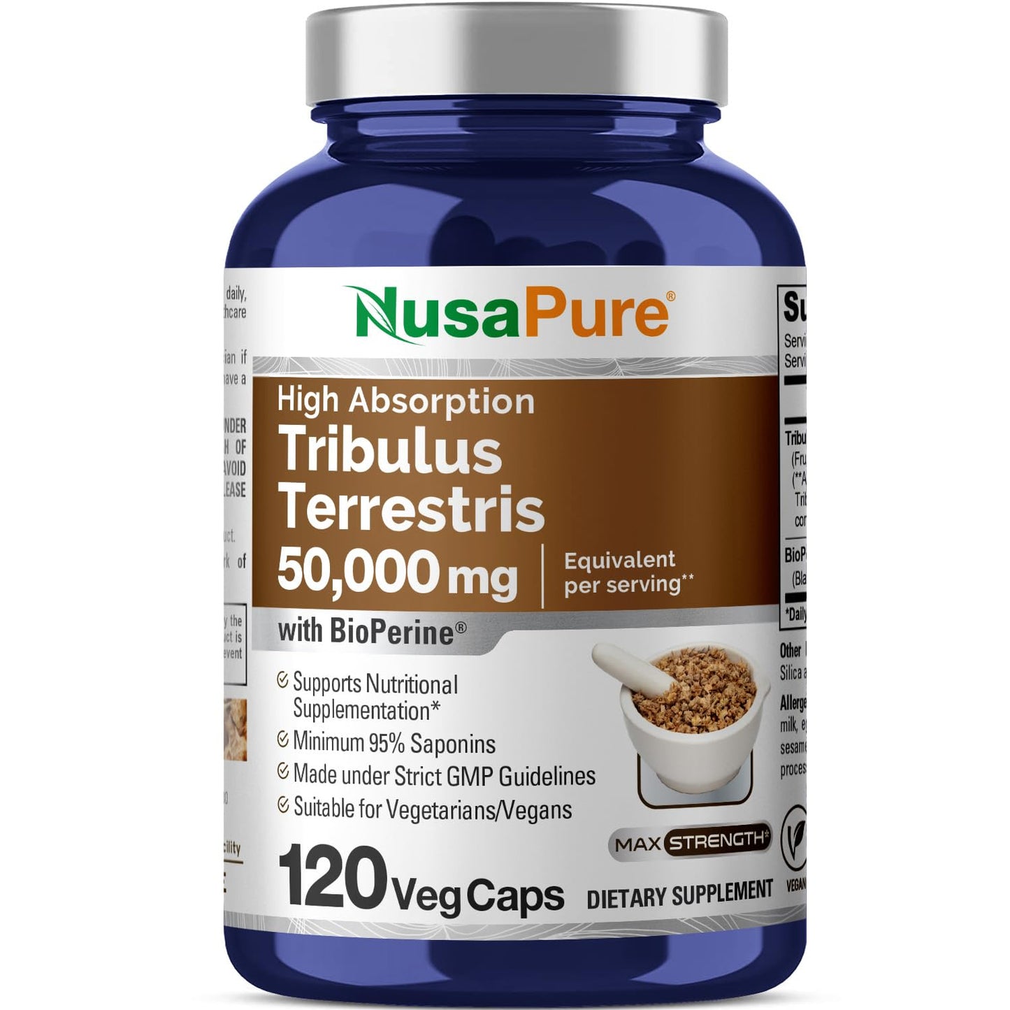 NusaPure Tribulus Terrestris 50:1 Extract, 1000 mg Equivalent to 50,000mg| 120 Veggie Caps | 95% Steroidal Saponins | Non-GMO, Bioperine & Vegan - Maple Wellness Supplements